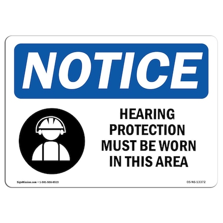 OSHA Notice Sign, Hearing Protection Must Be Worn With Symbol, 18in X 12in Aluminum